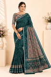 Bottle green color Ajrakh bandini modal mirror work saree