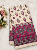 Half White with rani pink Ajrakh bandini modal mirror work saree