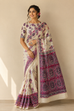 Half White with rani pink Ajrakh bandini modal mirror work saree