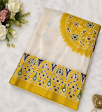 White with yellow color Ajrakh bandini modal mirror work saree