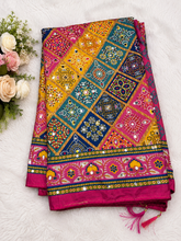 Multi color color Ajrakh bandini modal mirror work saree