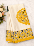 White with yellow color Ajrakh bandini modal mirror work saree