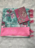 Aqua Green Digital Print Cotton Saree
