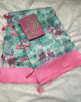 Aqua Green Digital Print Cotton Saree