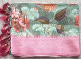 Aqua Green Digital Print Cotton Silk Saree