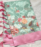 Aqua Green Digital Print Cotton Silk Saree