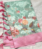 Aqua Green Digital Print Cotton Silk Saree