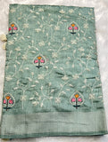 Aqua Blue Embroidery Handloom Cotton Saree