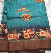Peacock Blue Linen Cotton Kalamkari Saree