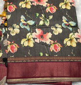 Dark Grey Linen Cotton Kalamkari Saree