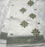 White With Green Embroidery Cotton Saree