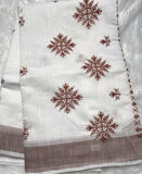 White With Brown Embroidery Cotton Saree