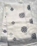 White With Grey Embroidery Cotton Saree