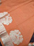 Chocolate brown with orange color checks semi Mysore crepe silk saree