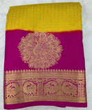 Yellow with rani pink color checks semi Mysore crepe silk saree