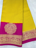 Yellow with rani pink color checks semi Mysore crepe silk saree