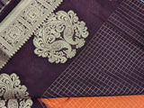Orange with Chocolate brown color checks semi Mysore crepe silk saree