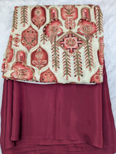 Maroon color Natural crepe saree with kalamkari print position work