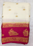 White with pink semi Mysore crepe silk saree (SMC03)