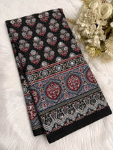 Black Ajrak print mirror work saree