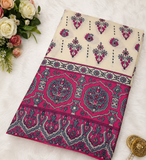 Half White with rani pink Ajrakh bandini modal mirror work saree