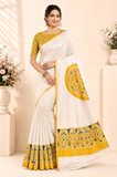 White with yellow color Ajrakh bandini modal mirror work saree