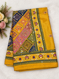 Yellow color Ajrakh bandini modal mirror work saree