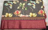 Dark Grey Linen Cotton Kalamkari Saree