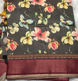 Dark Grey Linen Cotton Kalamkari Saree