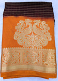 Chocolate brown with orange color checks semi Mysore crepe silk saree