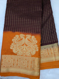 Chocolate brown with orange color checks semi Mysore crepe silk saree