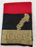 Red with black color checks semi Mysore crepe silk saree