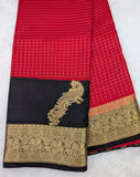 Red with black color checks semi Mysore crepe silk saree