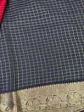 Red with black color checks semi Mysore crepe silk saree