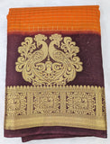 Orange with Chocolate brown color checks semi Mysore crepe silk saree