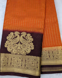 Orange with Chocolate brown color checks semi Mysore crepe silk saree